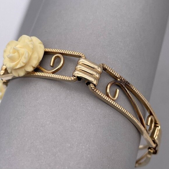 Vintage Amco 14k Gold Filled Celluloid Rose Five Panel Bracelet - Picture 6 of 8
